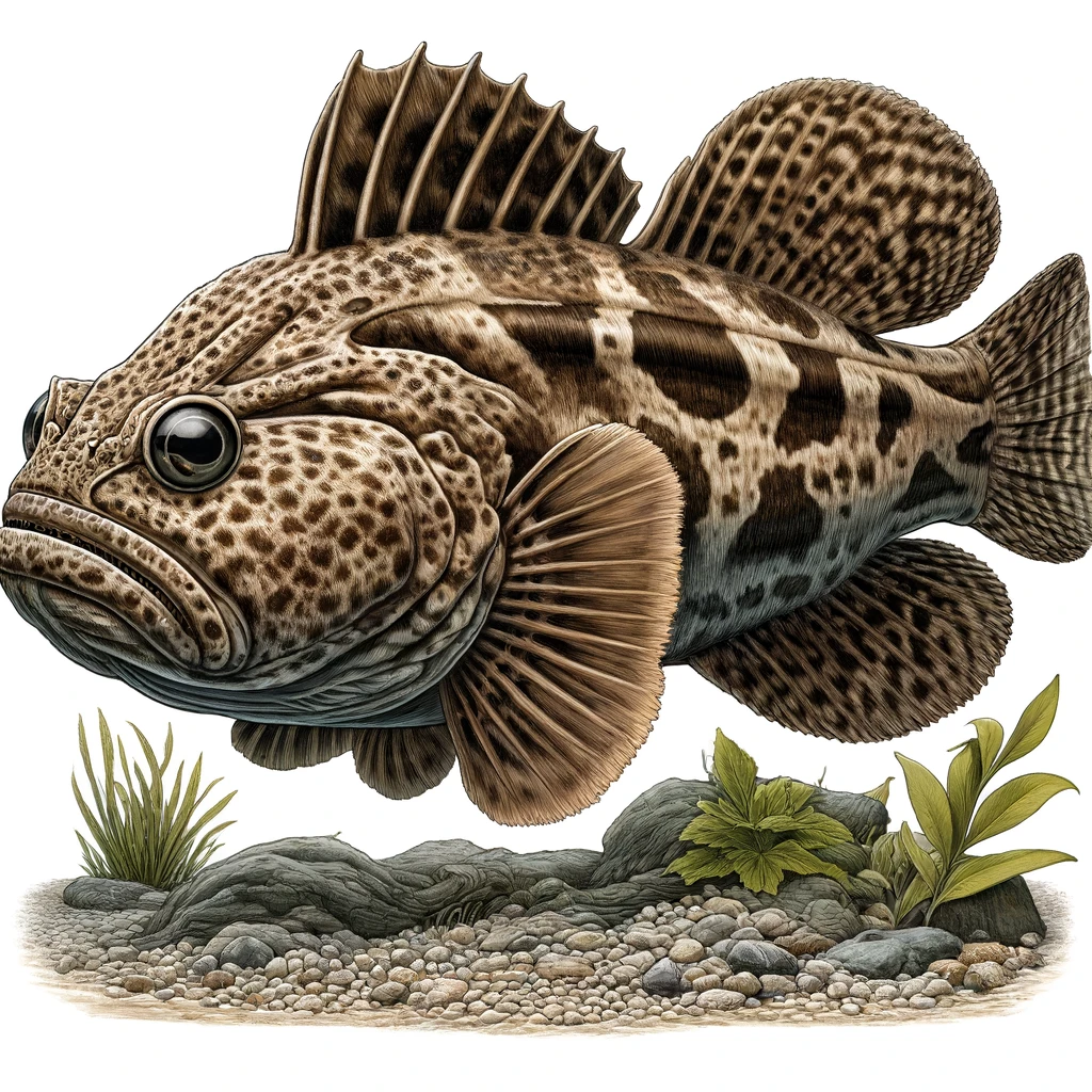 DALL·E 2024 05 31 11.44.18 A detailed illustration of a Korean bullhead fish Gyeongnamjaengyok also known as kkachi. The fish has a flat wide head and a long body with a sli